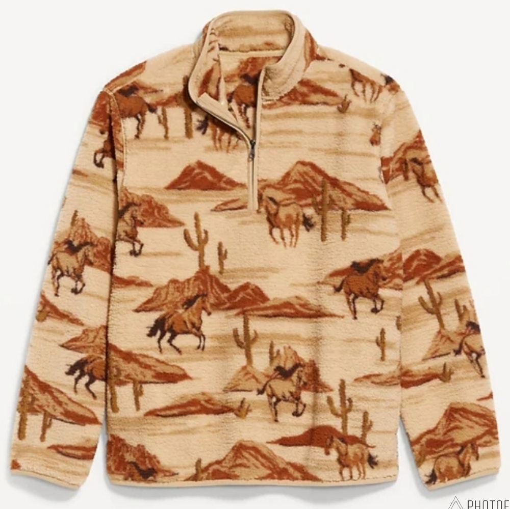 XL ● NWT Mens Old Navy Western Horse Sherpa Fleece Quarter Zip Sweater Jacket